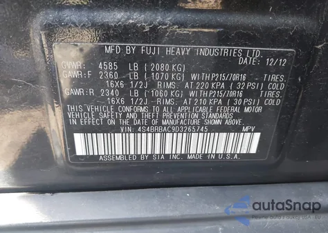 2013 Subaru Outback 2.5I из США, поврежденный, VIN 4S4BRBAC9D3265745